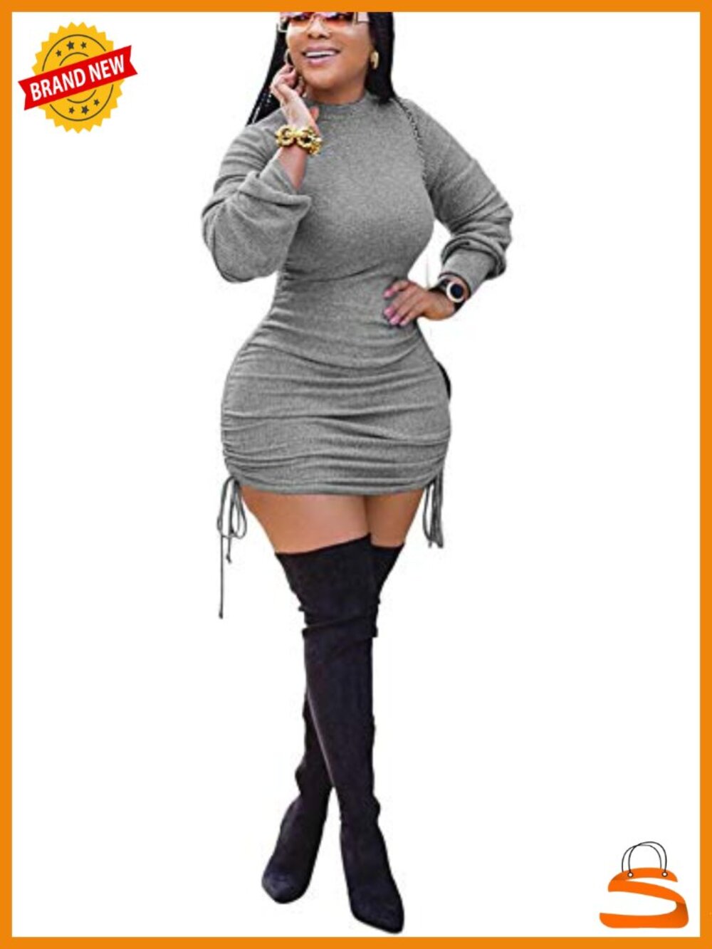Women Ruched Long Sleeve Drawstring Knit Bodycon Mini Club Dress